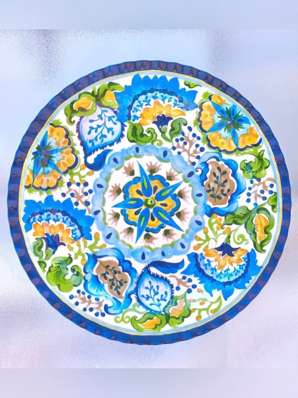 Blue and Orange Botanical Scalloped Edge Large Melamine Serving Platter